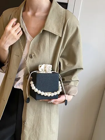 Sac Seau Boîte Cube Femme Poignée Perle Texture Plissée Cuir PU Cordon Bandoulière Sac à Main Mode Quotidien Fête