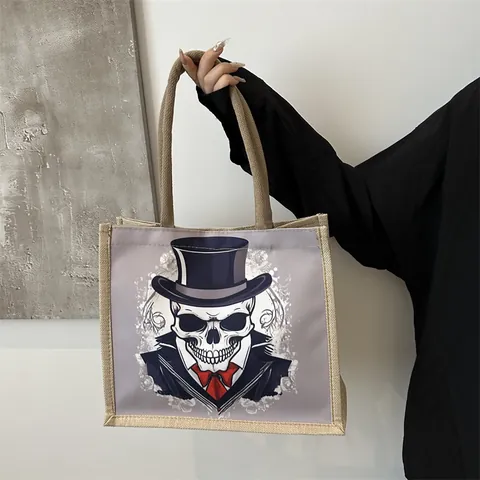 Gothic Skull Print Canvas Tote Bag Large Capacity Jute Shoulder Bag Vintage Top Hat Skull Graphic Handbag For Women Daily Commute