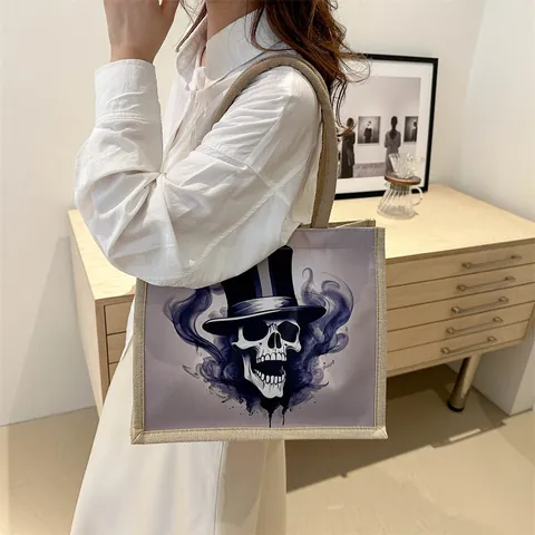 Gothic Skull Print Canvas Tote Bag Large Capacity Jute Shoulder Bag Vintage Top Hat Skull Graphic Handbag For Women Daily Commute