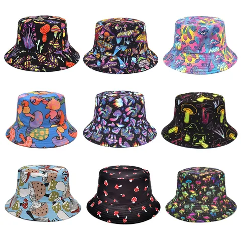 Bucket Hat Polyester Colorful Mushroom Print Foldable Outdoor Sun Shade Novelty Casual For Men Women