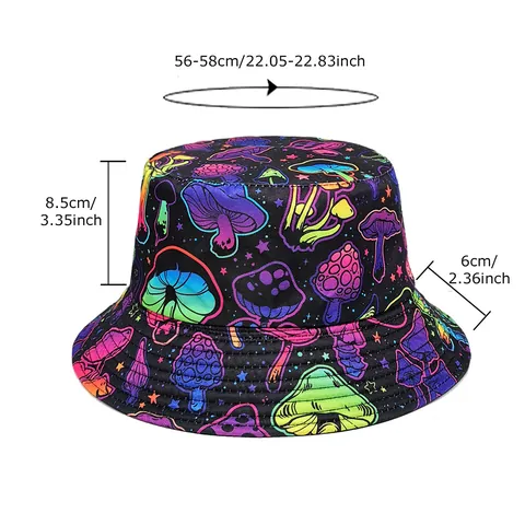 Bucket Hat Polyester Colorful Mushroom Print Foldable Outdoor Sun Shade Novelty Casual For Men Women
