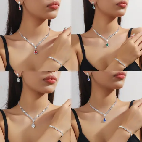 Bridal Jewelry Set For Women Luxurious Alloy Rhinestone Water Drop Necklace Earrings Bracelet Wedding Party Evening Dress Accessories
