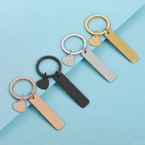 Roestvrijstalen Sleutelhanger Met Blanco Rechthoekige Staaf En Hartbedeltje Gepolijst DIY Metalen Sleutelring Voor Heren Dames Sieraden Cadeau