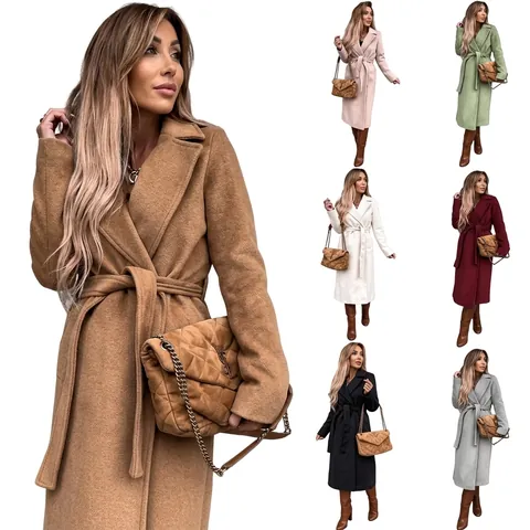 Women's Solid Color Lapel Long Sleeve Woolen Coat With Waist Tie Elegant Streetwear Autumn Winter Long Jacket Outerwear