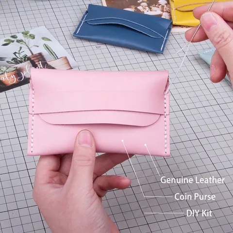 Kit de Material de Tarjetero de Cuero PU Hecho a Mano DIY Para Principiantes Cartera Pequeña Minimalista de Color Sólido Accesorio Cosido