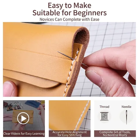 Kit de Material de Tarjetero de Cuero PU Hecho a Mano DIY Para Principiantes Cartera Pequeña Minimalista de Color Sólido Accesorio Cosido