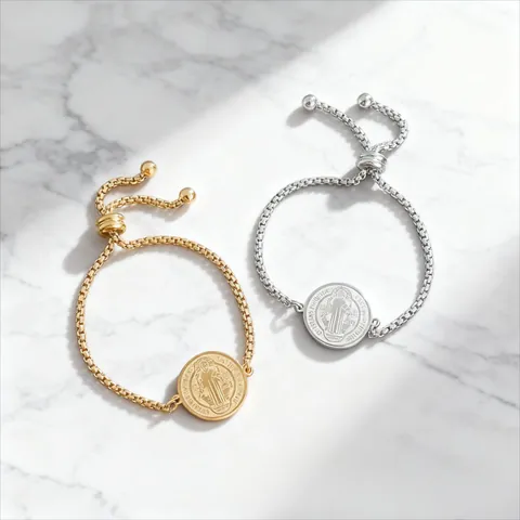 Verstelbare Roestvrij Staal Sint-Benedictuspenning Armband Voor Dames Heren Religieuze Sieraden Vintage Goud Zilver Box Ketting Schuifsluiting