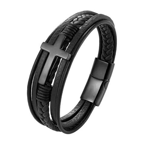 Bracciale da Uomo Multistrato in Pelle con Croce Acciaio Inossidabile Chiusura Magnetica Intrecciato Gioielli Punk Religiosi