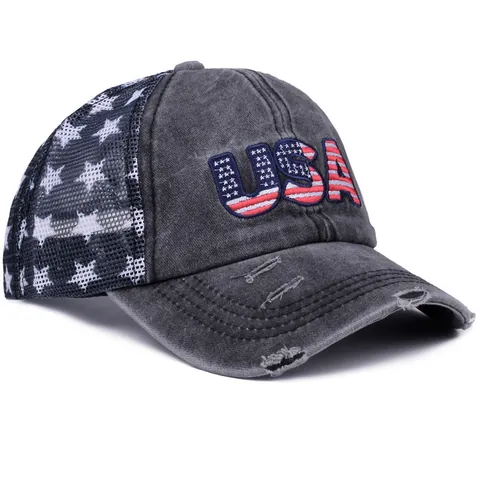Vintage Gewassen Katoen Trucker Pet Met Amerikaanse Vlag USA Borduursel Mesh Achterkant Ademend Verstelbare Baseballpet Voor Heren Dames