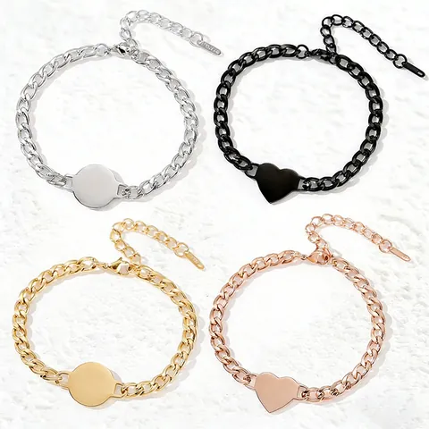 Stainless Steel Curb Chain Bracelet With Blank Round Heart Tag Mirror Polish Adjustable Jewelry For Men Women Daily Gift