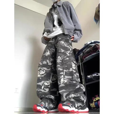 High Street Vintage Rosen Druck Camo Cargo Hose Für Herren Damen Locker Gerade Weites Bein Lässige Streetwear Hose