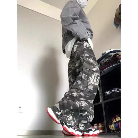 High Street Vintage Rosen Druck Camo Cargo Hose Für Herren Damen Locker Gerade Weites Bein Lässige Streetwear Hose