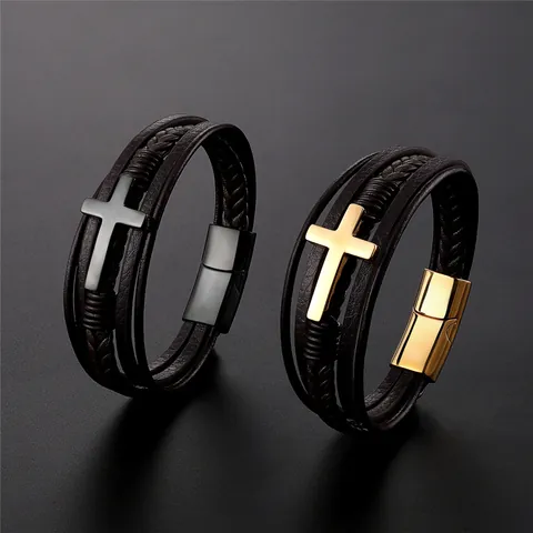 Bracciale da Uomo Multistrato in Pelle con Croce Acciaio Inossidabile Chiusura Magnetica Intrecciato Gioielli Punk Religiosi