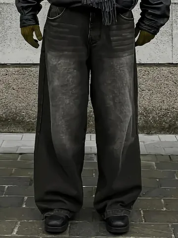 Herren Fashion Weites Bein Gewaschen Denim Jeans Streetwear Loose Fit Baumwollmischung Gerade Casual Lange Hose Schwarz