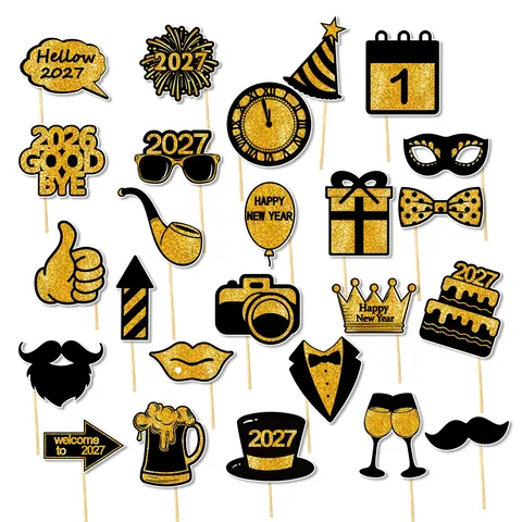2027 Happy New Year Accesorios de Fotomatón para Fiestas Negro Oro Brillo Cartón de Mano Gafas Coronas Bigotes Con Palos de Madera