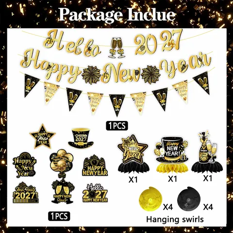 2027 Bonne Année Décorations de Fête Noir Or Bannière Spirales Suspendues Centres de Table en Nid d'Abeille Articles de Fête