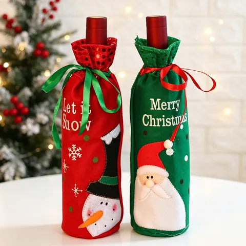 Christmas Wine Bottle Cover Felt Non Woven Fabric With Sequins Santa Snowman Pattern Holiday Table Party Decoration