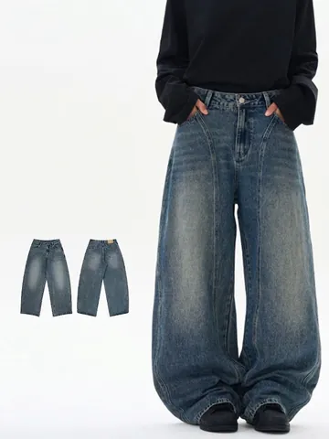 Men's American High Street Wide Leg Jeans Vintage Washed Distressed Curved Leg Cotton Denim Loose Baggy Straight Pants Youth