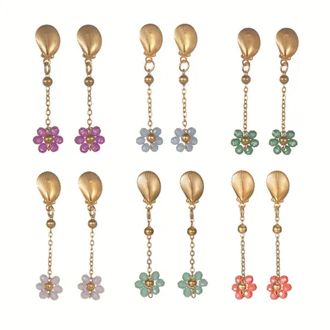 Boucles d'Oreilles Longues Fleur Coquille en Acier Inoxydable Perles Colorées Cristal Bijoux de Plage Femme Cadeau