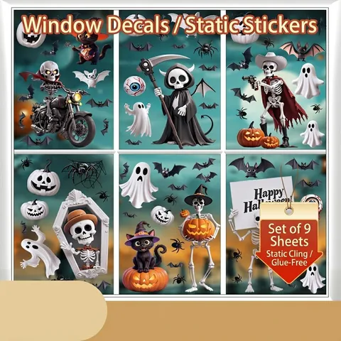 Halloween Window Clings PVC Static Stickers Skeleton Ghost Pumpkin Decals Double Sided Cartoon Holiday Party Decor