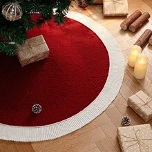 Red White Round Knitted Christmas Tree Skirt Acrylic Xmas Tree Apron Base Cover Ornament For Holiday Party Home Decoration With Bow Knot