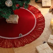 Red Knitted Christmas Tree Skirt With White Tassel Lace Border Festive Base Ornament Apron Mat For Home Party Decor
