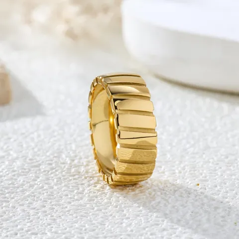Wide Band Ring Stainless Steel Gold Plated Diagonal Textured Ribbed Vintage Minimalist Non Fading Polished Jewelry For Women Men