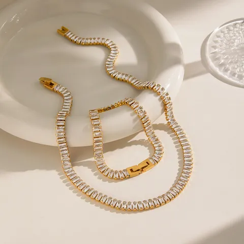 Fashion Stainless Steel Rhinestone Jewelry Set For Women 18K Gold Plated Baguette Tennis Chain Hypoallergenic Jewelry