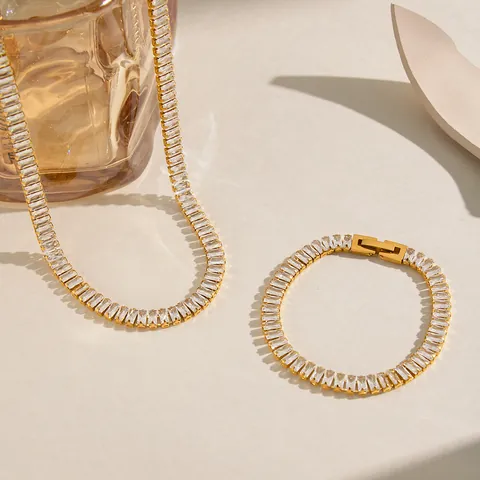 Fashion Stainless Steel Rhinestone Jewelry Set For Women 18K Gold Plated Baguette Tennis Chain Hypoallergenic Jewelry
