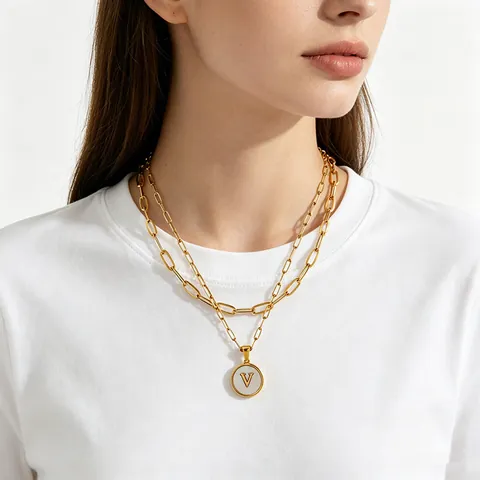 Double Layer Necklace Stainless Steel 18K Gold Plated Shell Round Initial Letter Pendant Paperclip Chain For Women