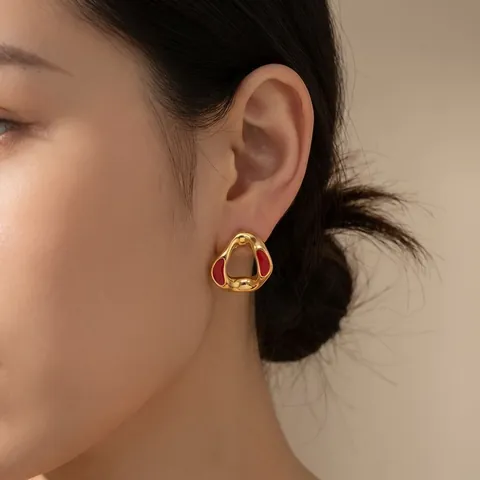 Boucles d'Oreilles Clous à Maillons Géométriques en Acier Inoxydable Minimaliste Luxe Français Émail Strass pour Femmes Accessoire Mode