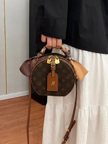 Sac Bandoulière Rond Vintage pour Femmes en Cuir PVC Imprimé Monogramme Sac Cercle Avec Poignée en Foulard de Satin