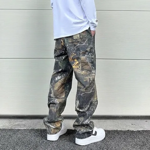 Herren High Street Camouflage Cargohose Gerades Bein Baumblattdruck Lockerer Schnitt Utility Denim Hose Casual Outdoor Arbeitshose