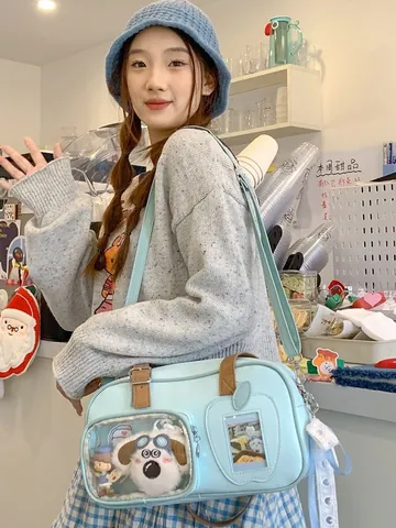 Borsa Ita Dolce Giapponese da Donna in Pelle PU a Spalla Con Finestre Trasparenti Orecchini Fiocco Nastro Borsa a Tracolla per Ragazze Quotidiano