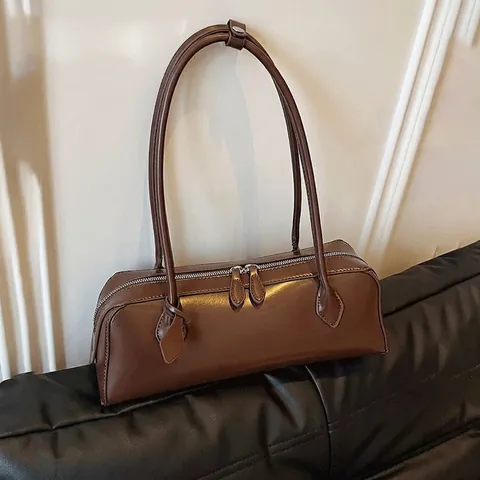 Bolso de Axila de Cuero PU Retro para Mujer Bolso de Hombro Baguette Minimalista Color Sólido Bolso de Mano Casual Con Cremallera Doble