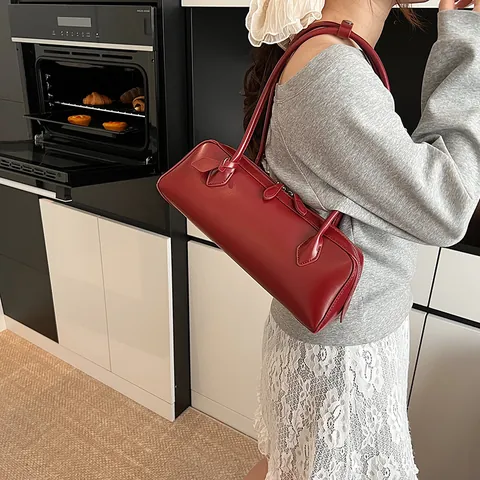 Bolso de Axila de Cuero PU Retro para Mujer Bolso de Hombro Baguette Minimalista Color Sólido Bolso de Mano Casual Con Cremallera Doble