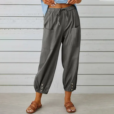 Pantaloni Cropped da Donna a Vita Alta Gamba Larga Casual Misto Cotone Poliestere Decorazione Bottoni Pantaloni con Coulisse
