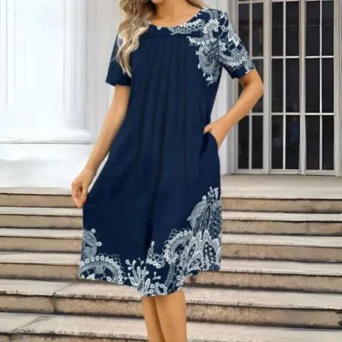 Vestido Midi Casual de Manga Corta Cuello Redondo Con Bolsillos Talla Grande Verano Bohemio Estampado Floral Línea A