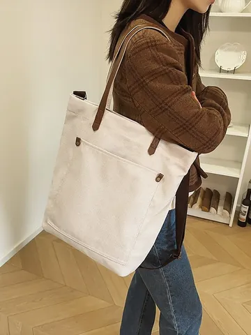 Women Large Capacity Canvas Tote Bag Vintage Minimalist Shoulder Bag Solid Color Commuting School Satchel Handbag With Front Pocket Rivet Detail