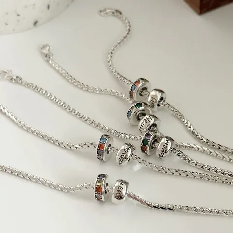 925 Sterling Silver Bracelet With Rainbow Zirconia And Engraved Letter Forever Remember Charms Minimalist Fashion Jewelry Gift For Women