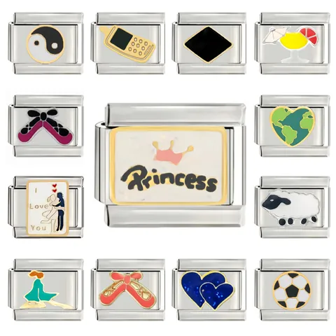 Link Charm Italiano in Acciaio Inossidabile per Bracciale DIY Smalto Cuore Aereo Paesaggio Componente Gioielli