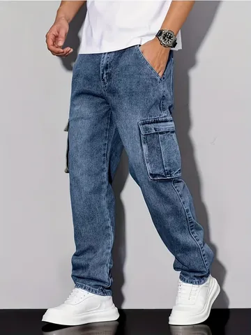 Men's American Retro Multi Pocket Cargo Jeans Cotton Blend Straight Leg Mid Waist Casual Denim Pants For Men Fashion