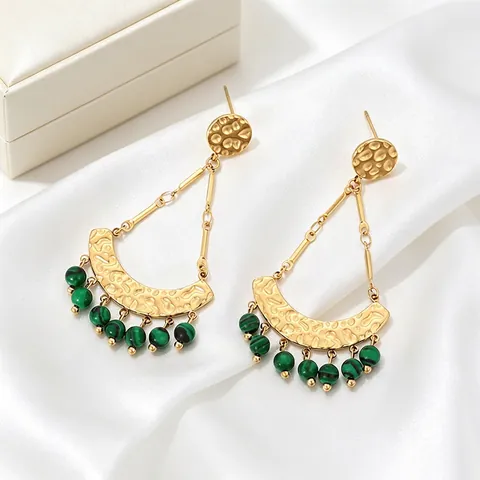 Pendientes Colgantes Étnicos Vintage Forma Abanico Bohemio Sol Estrella Luna Acero Inoxidable Chapado En Oro Malaquita Joyería