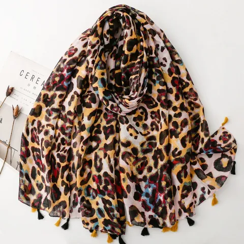 Dames Kleurrijke Luipaardprint Sjaal Met Kwasten Polyester Bedrukt Omslagdoek Zonbescherming Sjaal Reizen Strand Sjaal