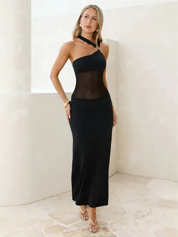 Sexy One Shoulder Maxi Jurk Met Mesh Patchwork Open Rug Geplooid Avondfeest Polyester Elastaan Slim Voor Dames