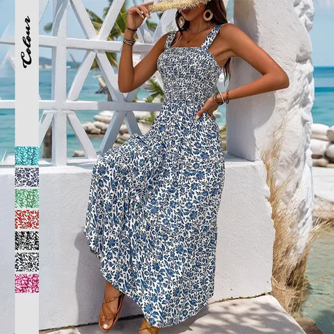 Damen Blumenmuster Cami Maxikleid Böhmischer Urlaub Gsmockt Eckiger Ausschnitt Gestuftes A-Linie Sommer Kleid
