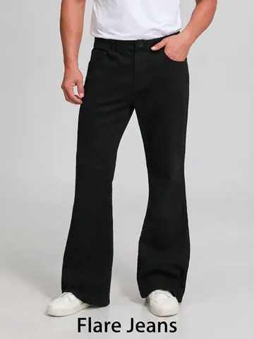 Men's Slim Fit Flare Jeans Retro Black Low Waist Cotton Blend Denim Pants Basic Solid Color Multi-Pocket Trousers For Men