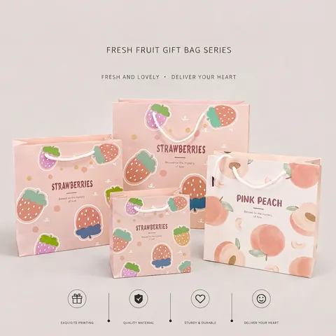 Bolsa De Regalo De Papel Con Patrón De Frutas De Dibujos Animados Fresa Melocotón Bolso Para Boda Cumpleaños Fiesta Souvenirs Embalaje