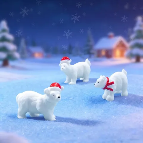 Miniature Polar Bear Figurine Wearing Santa Hat Red Scarf Resin Animal Sculpture Christmas Micro Landscape Desktop Decor