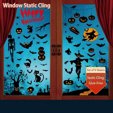 Halloween Window Clings Double Sided Static PVC Stickers Pumpkin Ghost Witch Bat Spider Web Party Glass Decoration